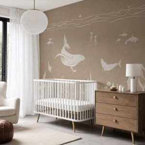 Mural ilustrado de océano con ballena en tono marrón en habitación infantil - Alchemyst