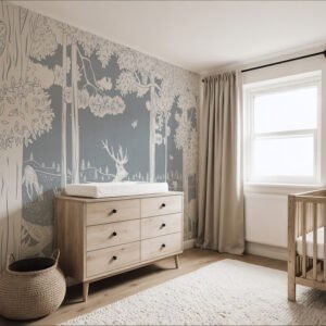 Mural ilustrado de bosque en tono azul en habitación infantil - Alchemyst