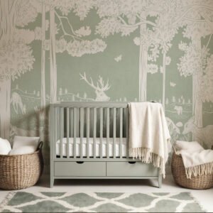 Mural ilustrado de bosque en tono verde en habitación infantil - Alchemyst