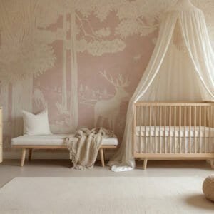 Mural ilustrado de bosque en tono rosa en habitación infantil - Alchemyst