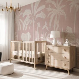 Mural ilustrado de selva en tono rosa en habitación infantil - Alchemyst