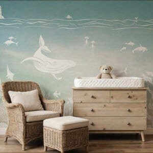 Mural ilustrado de océano con ballena en tono aqua en habitación infantil - Alchemyst