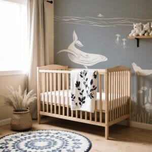 Mural ilustrado de océano con ballena en tono azul en habitación infantil - Alchemyst