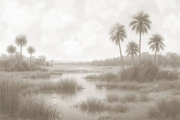 Mural ilustrado de paisaje de palmeras con laguna y pastizales en tonos sepia - Alchemyst