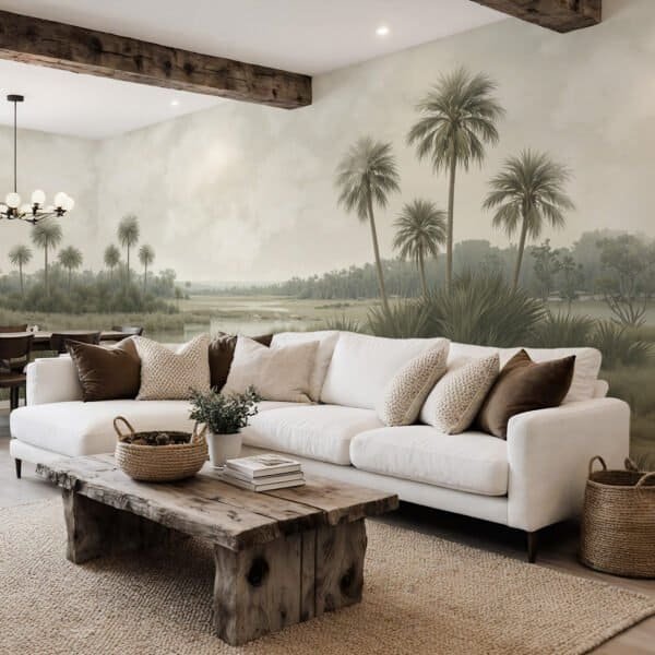 Mural ilustrado de paisaje de palmeras con laguna y pastizales en tonos sepia en living - Alchemyst