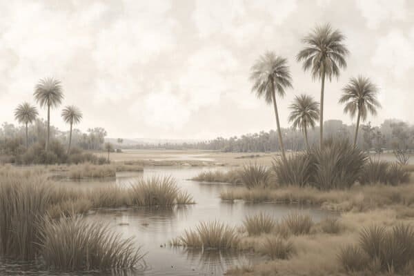 Mural ilustrado de paisaje de palmeras con laguna y pastizales en tonos sepia - Alchemyst