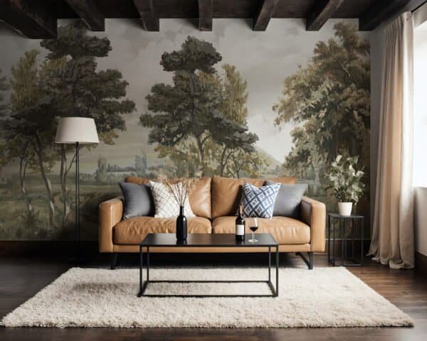 Mural ilustrado de paisaje boscoso estilo pintura clásica en tonos verdes en living - Alchemyst