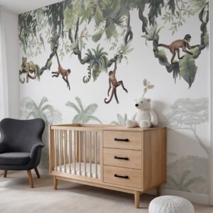 Mural ilustrado de selva con monos en tonos verdes en habitación infantil - Alchemyst