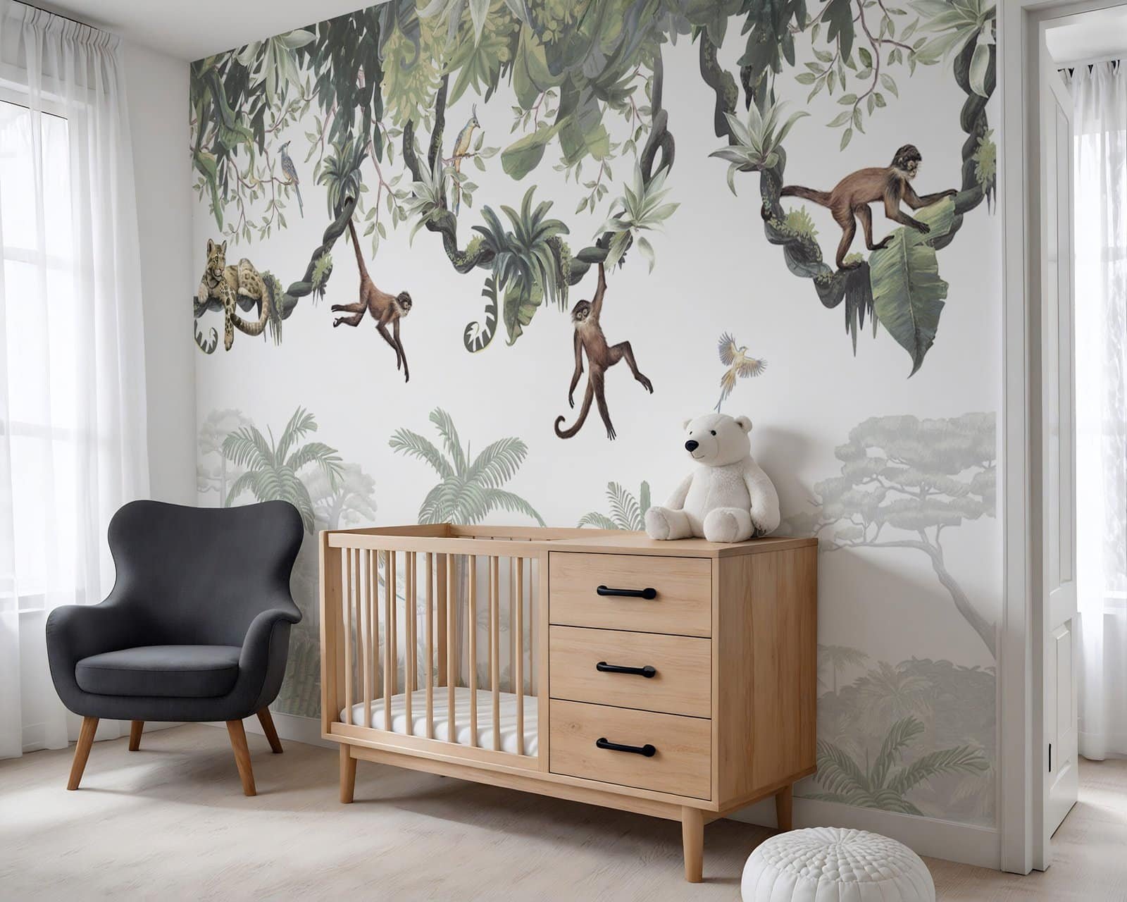 cheeky monkeys amb Mural ilustrado de selva con monos en tonos verdes en habitación infantil - Alchemyst