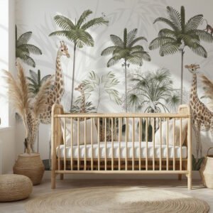 Mural ilustrado de selva con jirafas en tonos verdes en habitación infantil - Alchemyst