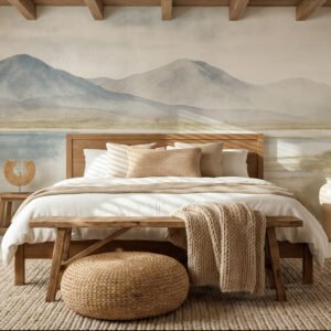 Mural ilustrado de paisaje de montañas en tonos grises en dormitorio - Alchemyst