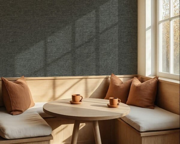 Papel tapiz / empapelado con textura de lino en tonos gris oscuro en comedor - Alchemyst