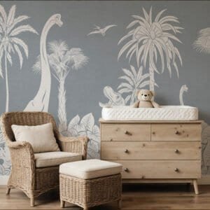 Mural ilustrado de dinosaurios y palmeras en tono azul en habitación infantil - Alchemyst