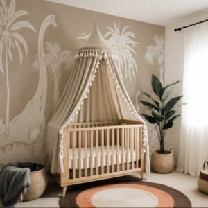 Mural ilustrado de dinosaurios y palmeras en tono verde en habitación infantil - Alchemyst