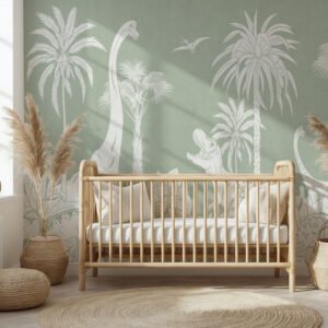 Mural ilustrado de dinosaurios y palmeras en tono marrón en habitación infantil - Alchemyst