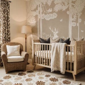 Mural ilustrado de bosque en tono marrón en habitación infantil - Alchemyst
