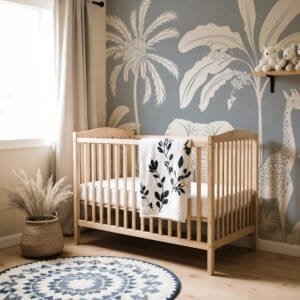 Mural ilustrado de selva en tono azul en habitación infantil - Alchemyst