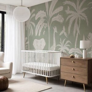 Mural ilustrado de selva en tono verde en habitación infantil - Alchemyst