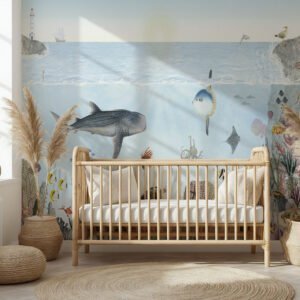 Mural ilustrado de fondo marino con peces y flora acuática en tonos celestes en habitación infantil - Alchemyst