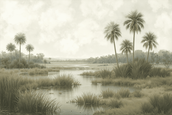 Mural ilustrado de paisaje de palmeras con laguna y pastizales en tonos sepia - Alchemyst