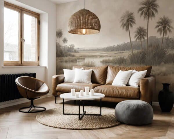 Mural ilustrado de paisaje de palmeras con laguna y pastizales en tonos sepia - Alchemyst