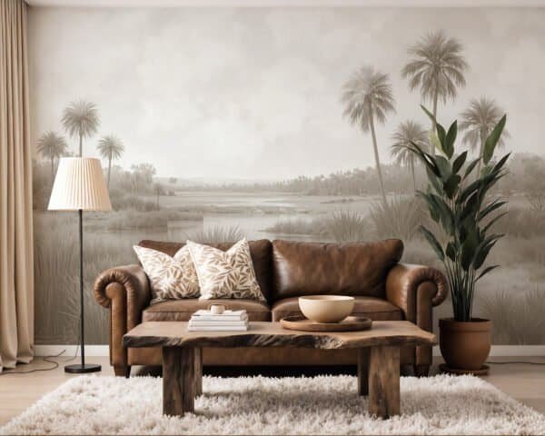 Mural ilustrado de paisaje de palmeras con laguna y pastizales en tonos sepia en living - Alchemyst