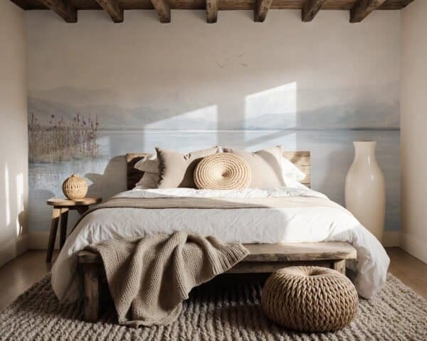 Mural ilustrado de laguna con montañas en tonos beige - Alchemyst