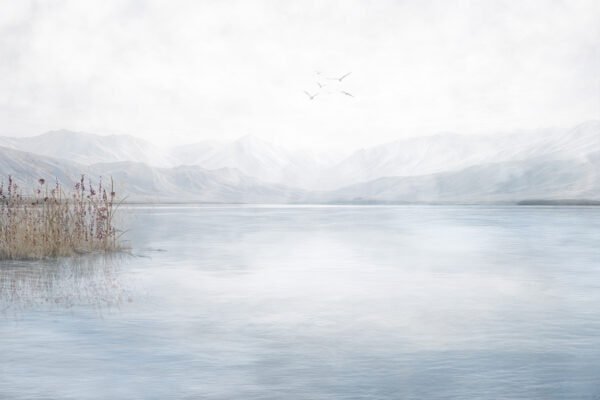 Mural ilustrado de laguna con montañas en tonos beige - Alchemyst