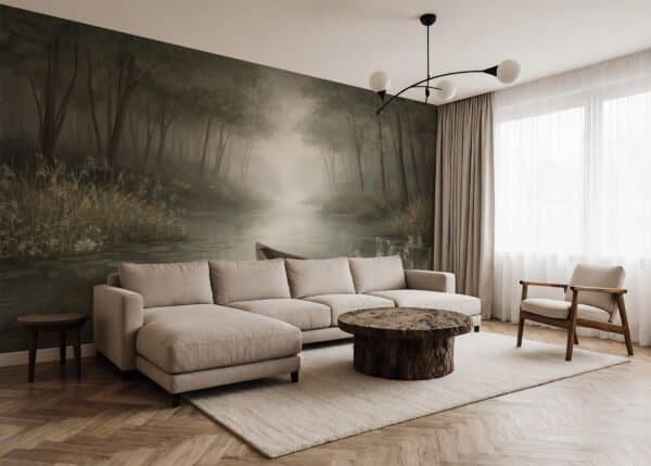 Mural ilustrado de bosque con estanque y niebla en tonos sepia - Alchemyst