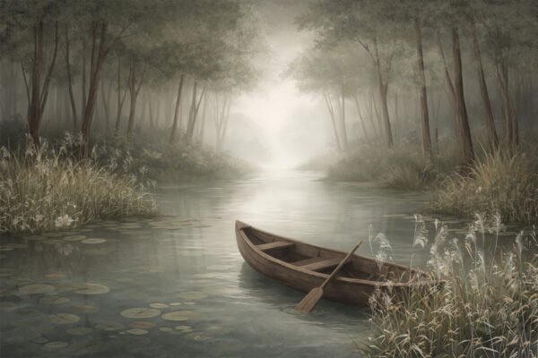 Mural ilustrado de bosque con estanque y niebla en tonos sepia - Alchemyst