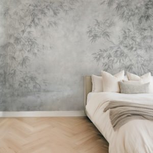 Mural ilustrado botánico de bambú en tonos grises en dormitorio - Alchemyst