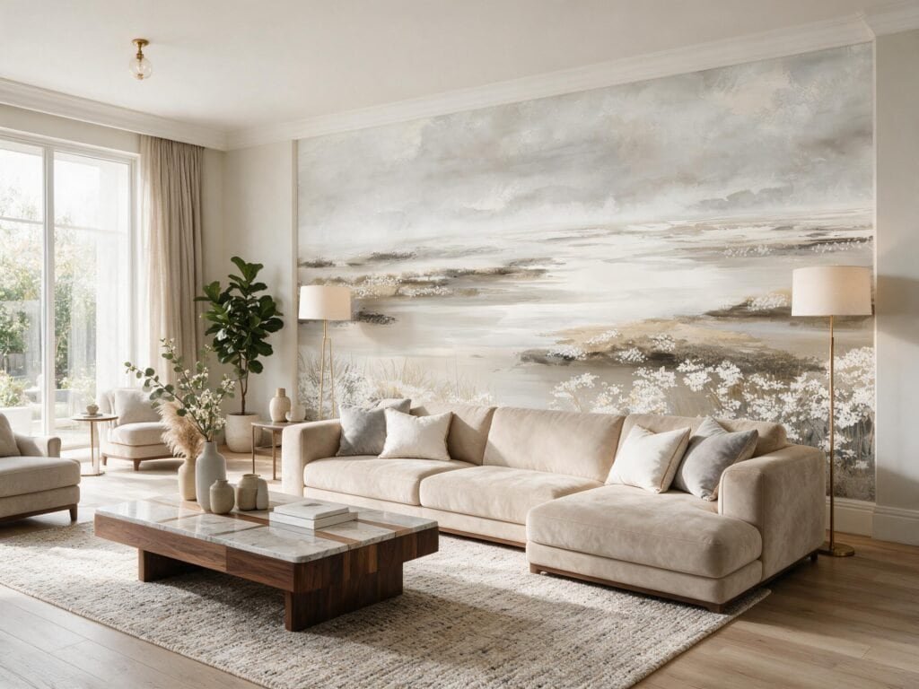 Mural ilustrado de costa con flores blancas y agua en tonos beige y grises en living - Alchemyst
