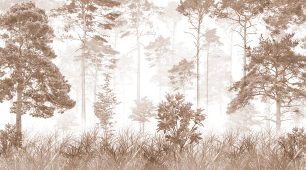 Mural ilustrado de bosque de pinos entre niebla en tonos sepia claro - Alchemyst