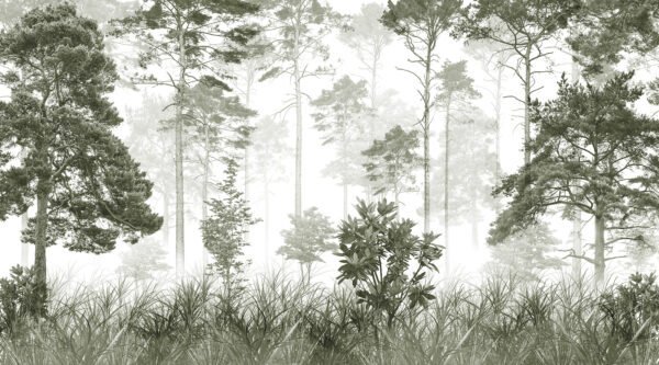 Mural ilustrado de bosque de pinos entre niebla en tonos sepia claro - Alchemyst