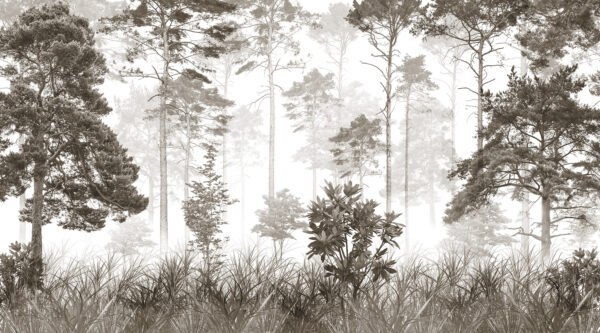 Mural ilustrado de bosque de pinos entre niebla en tonos sepia claro - Alchemyst