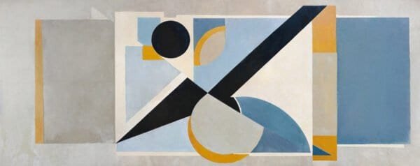Mural ilustrado abstracto geométrico art déco con formas diagonales en tonos azules y amarillo - Alchemyst