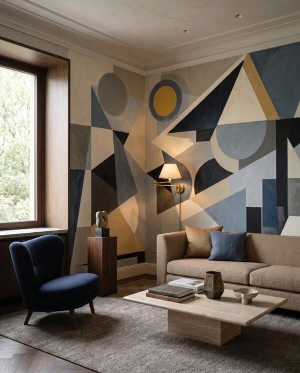Mural ilustrado abstracto geométrico art déco con triángulos y círculos en tonos azules y beige - Alchemyst