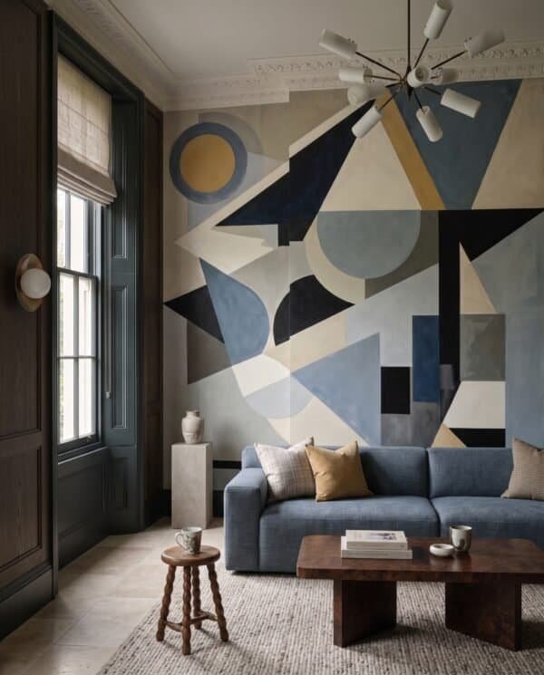 Mural ilustrado abstracto geométrico art déco con triángulos y círculos en tonos azules y beige - Alchemyst