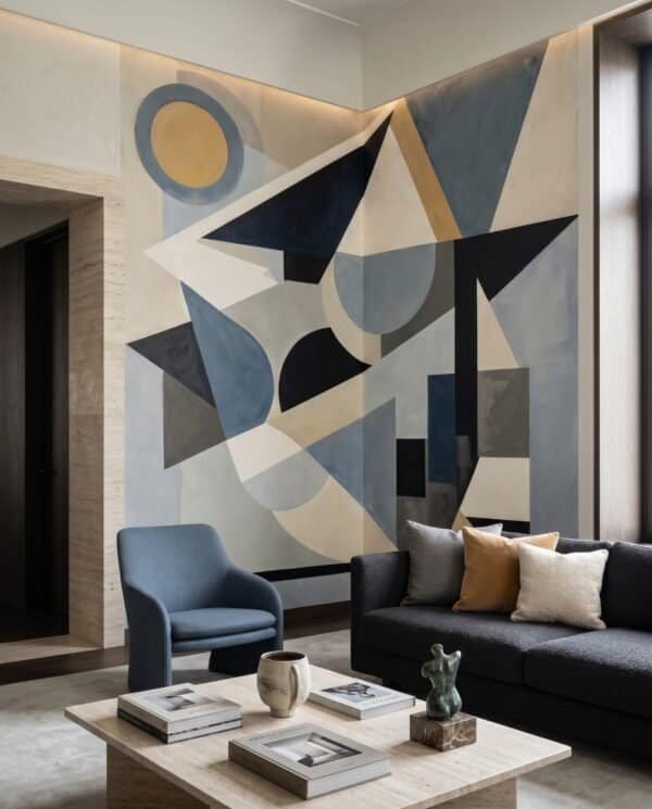 Mural ilustrado abstracto geométrico art déco con triángulos y círculos en tonos azules y beige en living - Alchemyst
