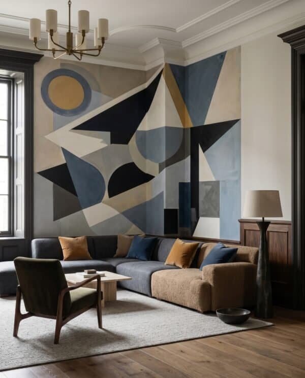 Mural ilustrado abstracto geométrico art déco con triángulos y círculos en tonos azules y beige - Alchemyst