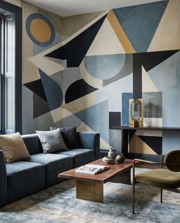 Mural ilustrado abstracto geométrico art déco con triángulos y círculos en tonos azules y beige - Alchemyst