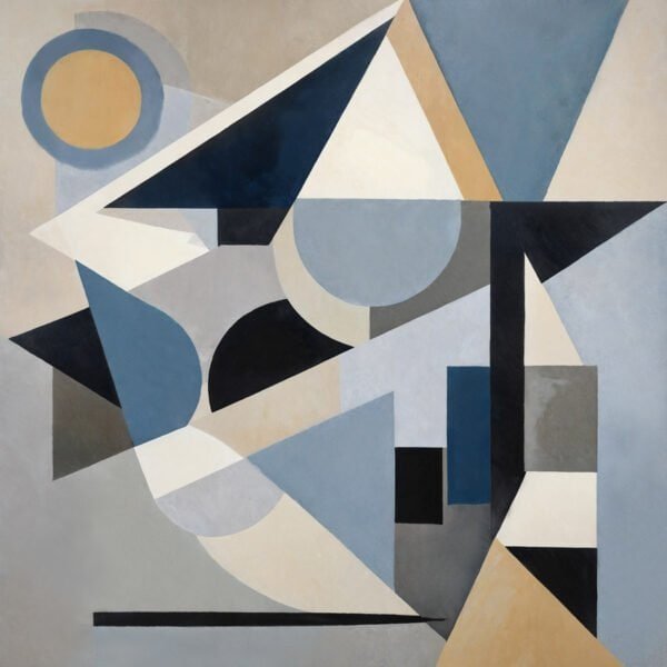 Mural ilustrado abstracto geométrico art déco con triángulos y círculos en tonos azules y beige - Alchemyst