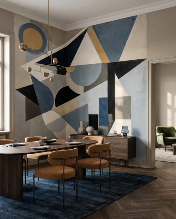 Mural ilustrado abstracto geométrico art déco con triángulos y círculos en tonos azules y beige - Alchemyst
