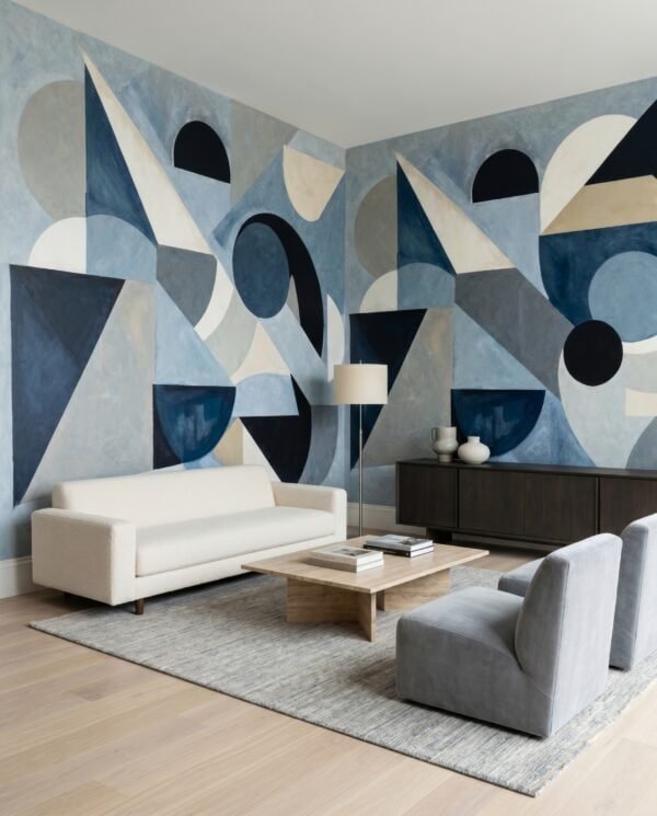 Mural ilustrado abstracto geométrico con triángulos y círculos en tonos azules y beige en living - Alchemyst