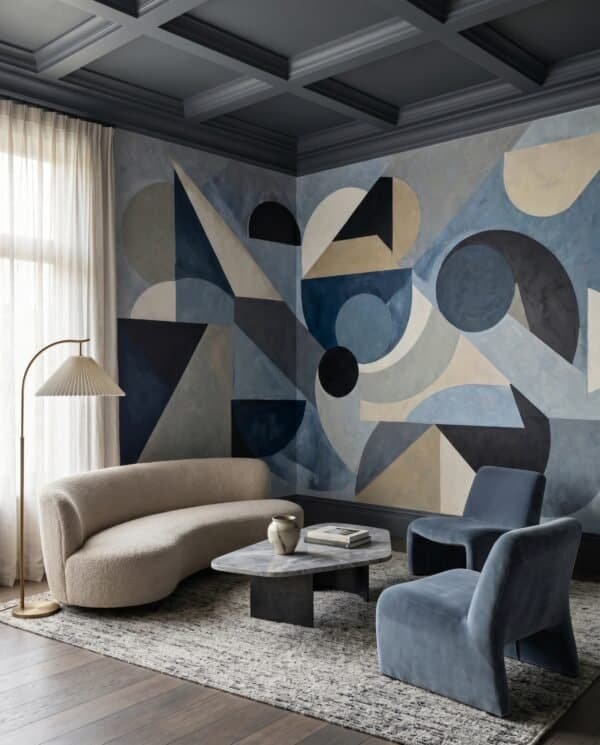 Mural ilustrado abstracto geométrico con triángulos y círculos en tonos azules y beige - Alchemyst