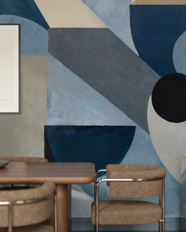 Mural ilustrado abstracto geométrico con triángulos y círculos en tonos azules y beige - Alchemyst