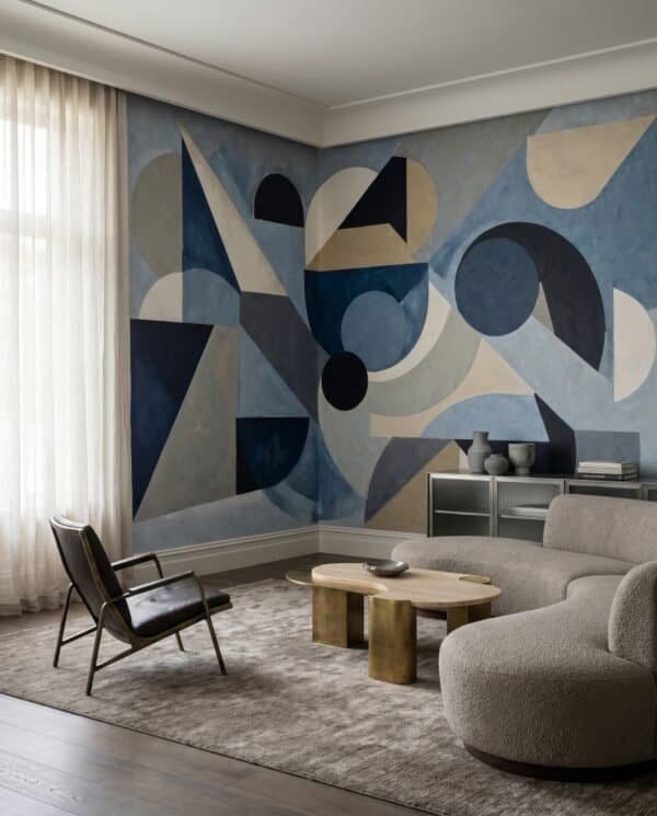 Mural ilustrado abstracto geométrico con triángulos y círculos en tonos azules y beige - Alchemyst