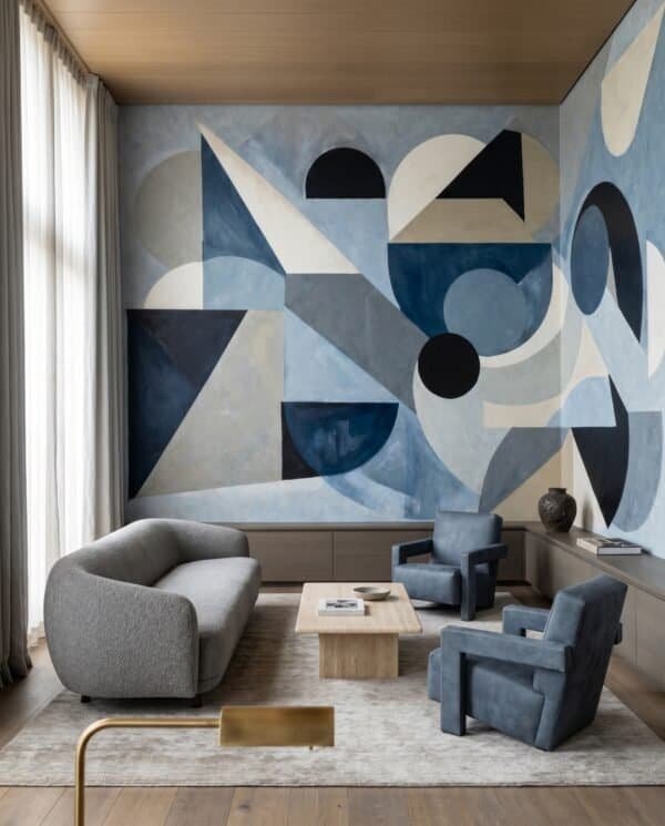 Mural ilustrado abstracto geométrico con triángulos y círculos en tonos azules y beige - Alchemyst