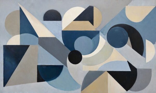 Mural ilustrado abstracto geométrico con triángulos y círculos en tonos azules y beige - Alchemyst