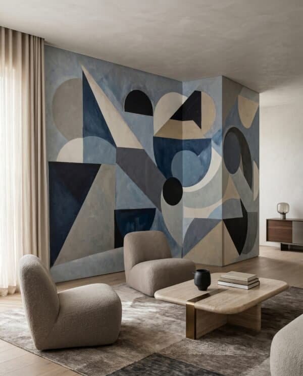 Mural ilustrado abstracto geométrico con triángulos y círculos en tonos azules y beige - Alchemyst